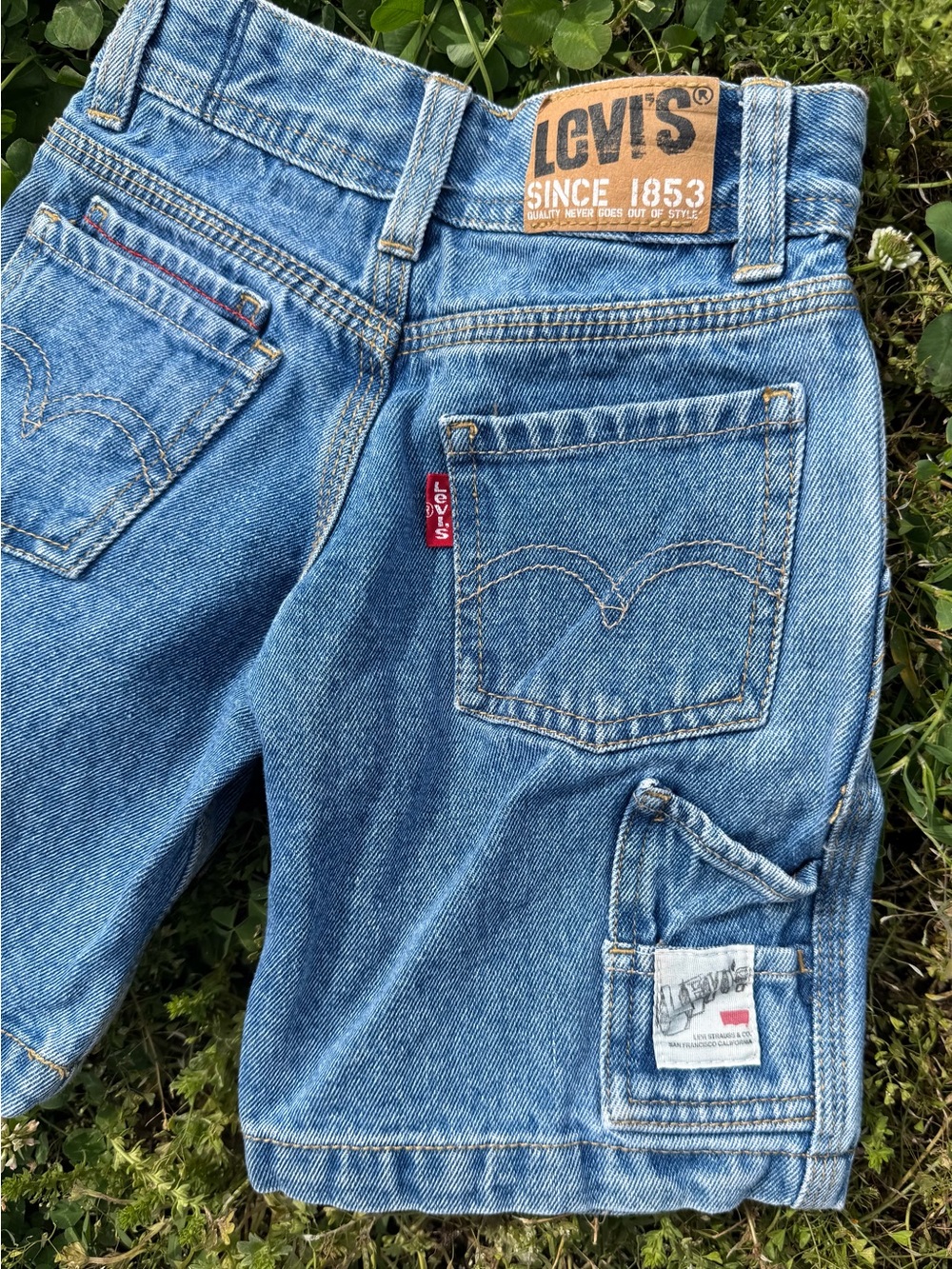 Y2K Levis work wear light Blue Denim carpenter cargo Shorts. Toddler size 2